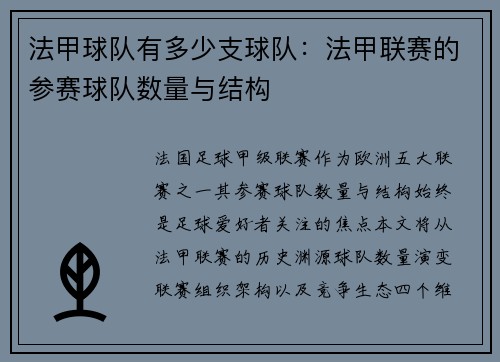 法甲球队有多少支球队：法甲联赛的参赛球队数量与结构